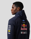 Side profile of a navy Red Bull Racing Teamline hoodie showing large back logos.