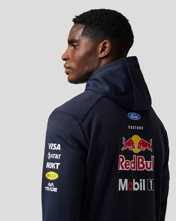 Side profile of a navy Red Bull Racing Teamline hoodie showing large back logos.