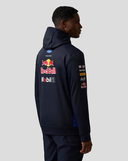 Back view of navy Oracle Red Bull Racing Teamline hoodie with large Red Bull logo and sponsor graphics on the back