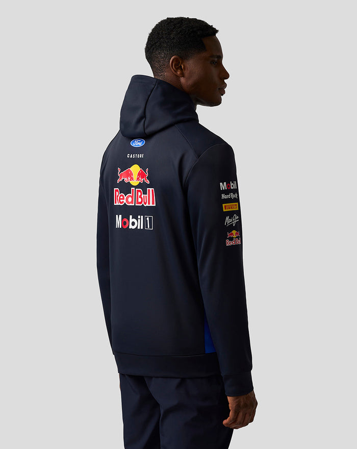 Back view of navy Oracle Red Bull Racing Teamline hoodie with large Red Bull logo and sponsor graphics on the back
