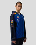 Female model in blue and navy Teamline hoodie with hood and full zip, logos displayed on chest and sleeve