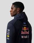 Rear view of navy Teamline hoodie showing prominent Red Bull logo and sponsor patches
