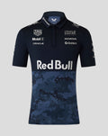 Front view of navy Pro Team Track Polo with sponsor logos on the chest and a pixel blue camouflage panel.