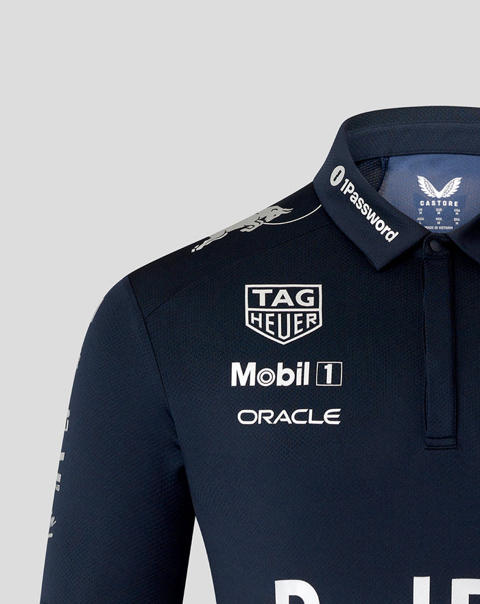 Shoulder and chest close-up of the Night Sky Pro Team Kit polo displaying Tag Heuer Mobil 1 and Oracle logos