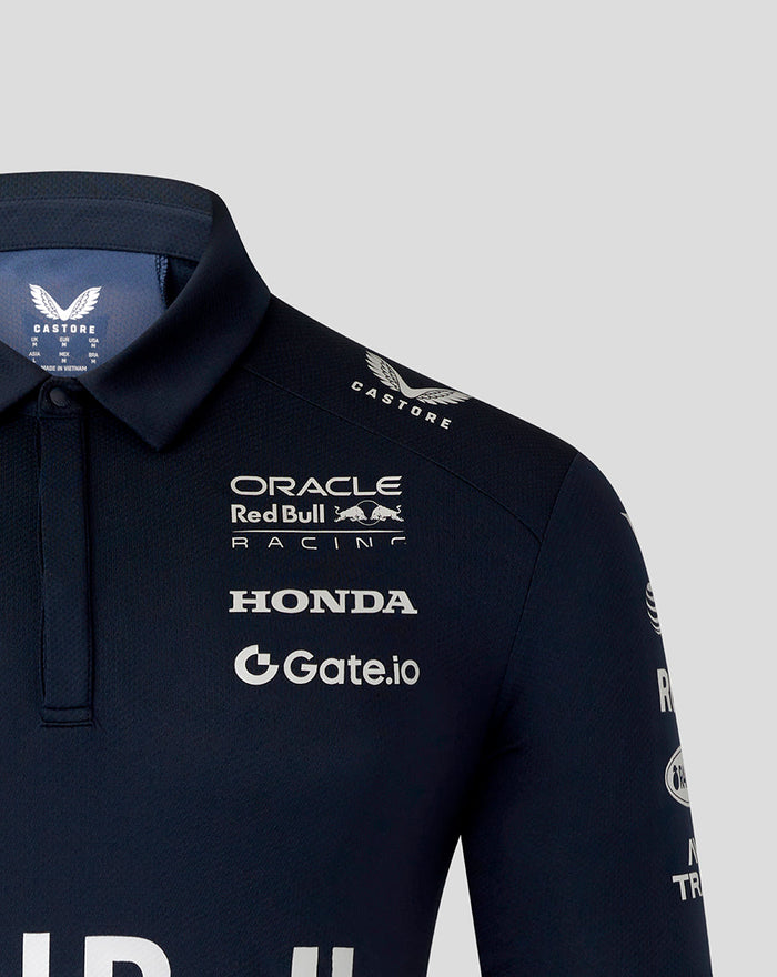Close-up of a Night Sky track polo with the Oracle Red Bull Racing branding and sponsor logos on the chest and shoulder