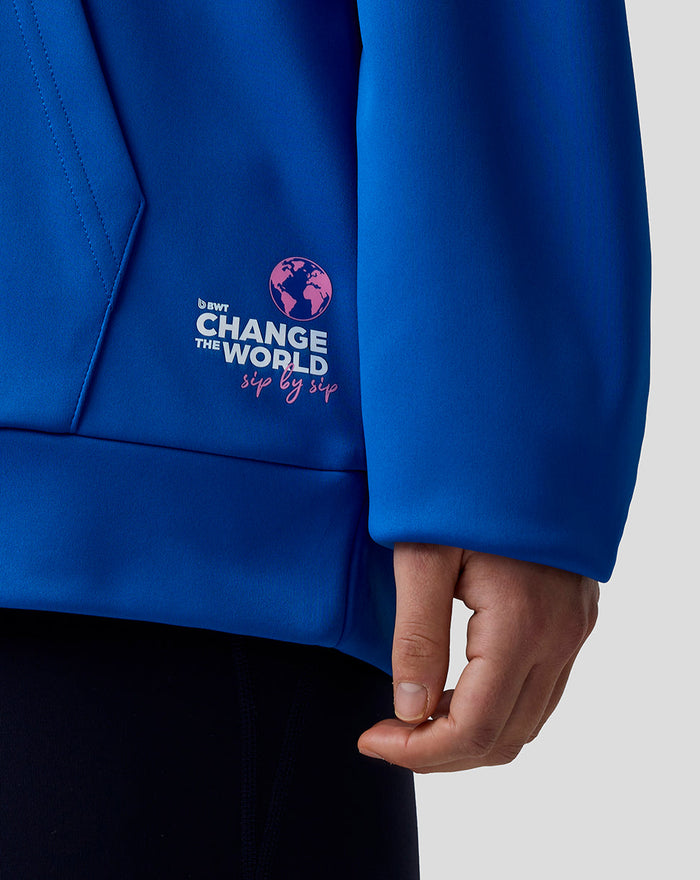 Blue BWT Alpine hoodie with Change the World globe logo on the chest.