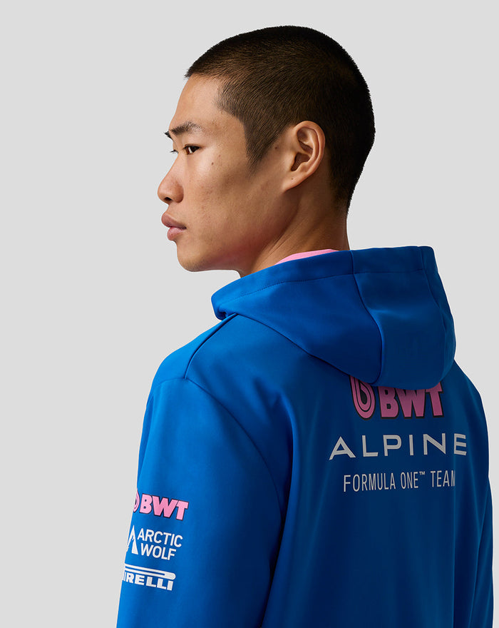 Profile view of blue BWT Alpine hoodie with large back ALPINE FORMULA ONE TEAM logo and hood