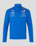 Blue BWT Alpine soft shell jacket with funnel neck and front zip featuring white sponsor logos