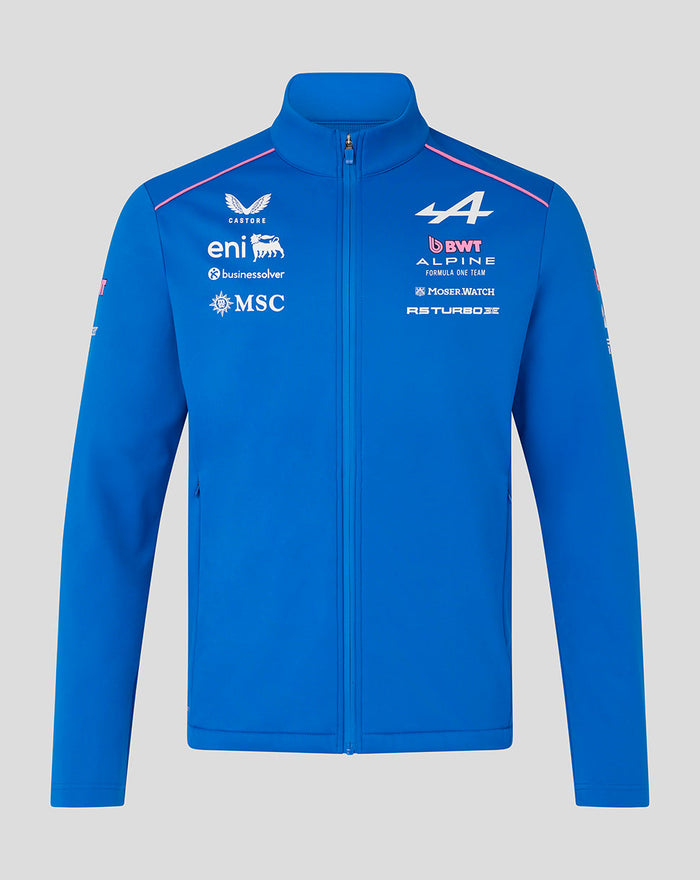 Blue BWT Alpine soft shell jacket with funnel neck and front zip featuring white sponsor logos
