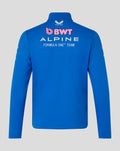 Back view of blue BWT Alpine Formula One Team soft shell jacket featuring BWT logo and Alpine branding
