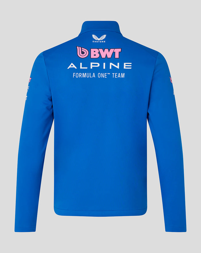 Back view of blue BWT Alpine Formula One Team soft shell jacket featuring BWT logo and Alpine branding