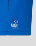Blue BWT Alpine soft shell jacket with pink globe Change the World sip by sip graphic at the hem.