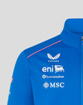 Blue official unisex BWT Alpine soft shell jacket close up of chest logos with pink shoulder piping