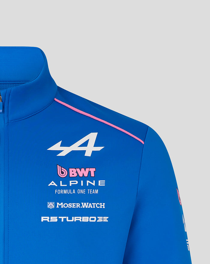Blue BWT Alpine Formula One Team jacket front view featuring the number 44 and sponsor logos