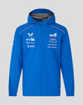 Blue BWT Alpine rain jacket front view with team logos on chest, pink piping and a hooded, full zip design.
