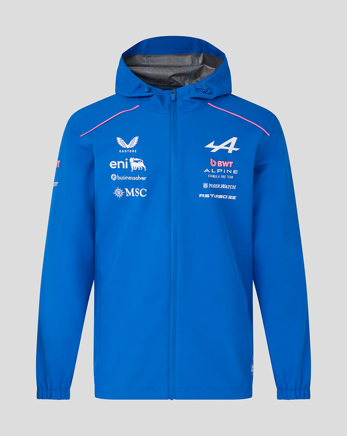 Blue BWT Alpine rain jacket front view with team logos on chest, pink piping and a hooded, full zip design.
