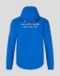 Back view of blue BWT Alpine rain jacket with large ALPINE branding across the back and a hood.