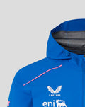 Close-up of blue BWT Alpine rain jacket showing hood with adjustable toggle, pink shoulder piping, and grid-lined interior