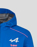 Close-up of blue BWT Alpine rain jacket chest area with number 4 and BWT branding, hood visible