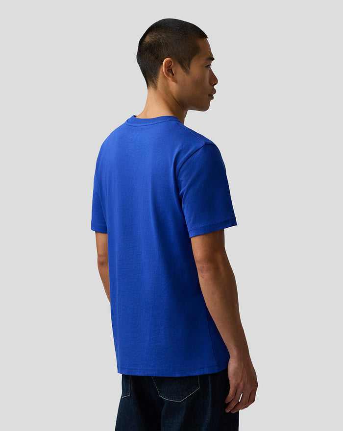 Back view of a man wearing royal blue Oracle Red Bull Racing T shirt