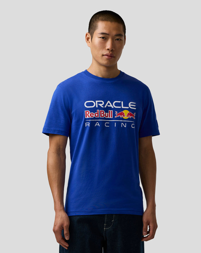 Male model wearing Oracle Red Bull Racing T-shirt in blue Bluing with large front chest logo