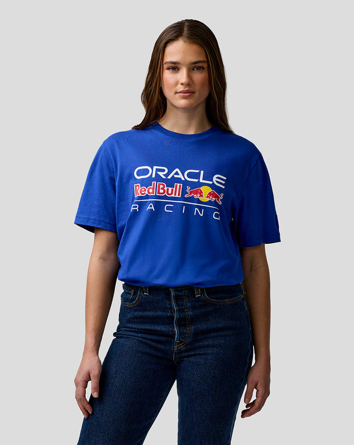 Model wearing Oracle Red Bull Racing logo T-shirt in blue Bluing with large chest print and left sleeve badge
