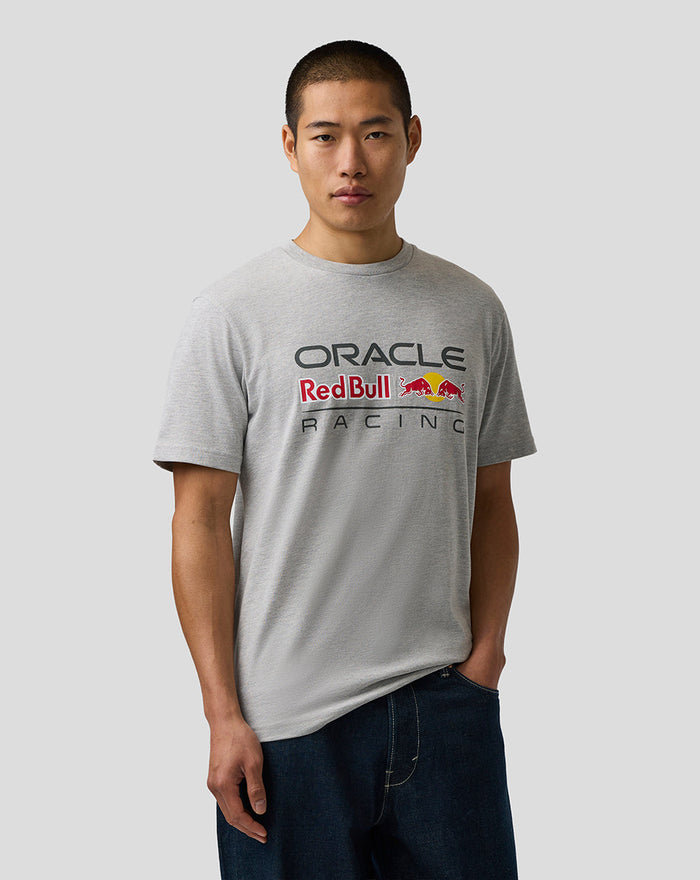 Man wearing grey marl Oracle Red Bull Racing T shirt with large logo on chest