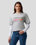 Female model wearing grey marl Oracle Red Bull Racing T shirt layered over a white long sleeve top