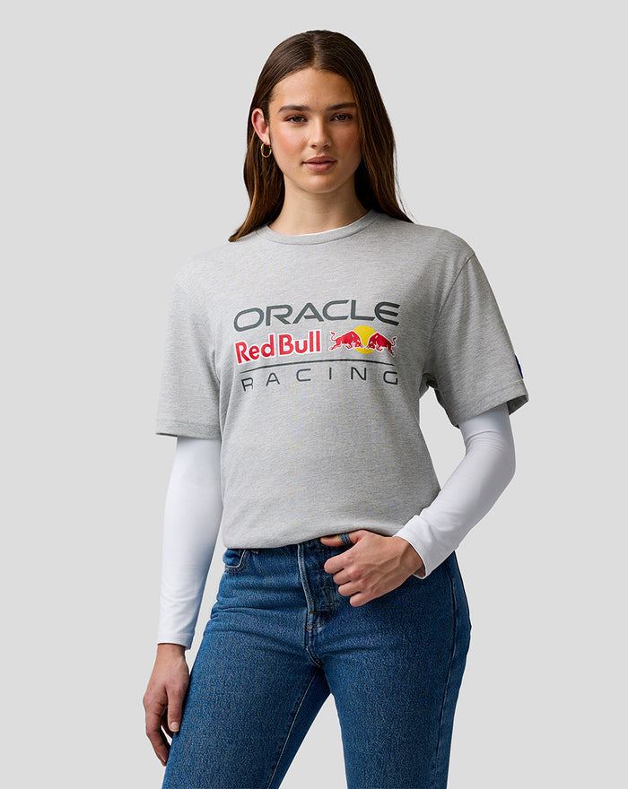 Female model wearing grey marl Oracle Red Bull Racing T shirt layered over a white long sleeve top