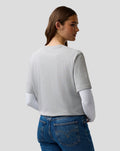 Back view of a person in a grey marl Oracle Red Bull Racing T-shirt and blue jeans.