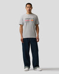 Front view of a person wearing a grey marl Oracle Red Bull Racing T-shirt with a large logo on the chest.