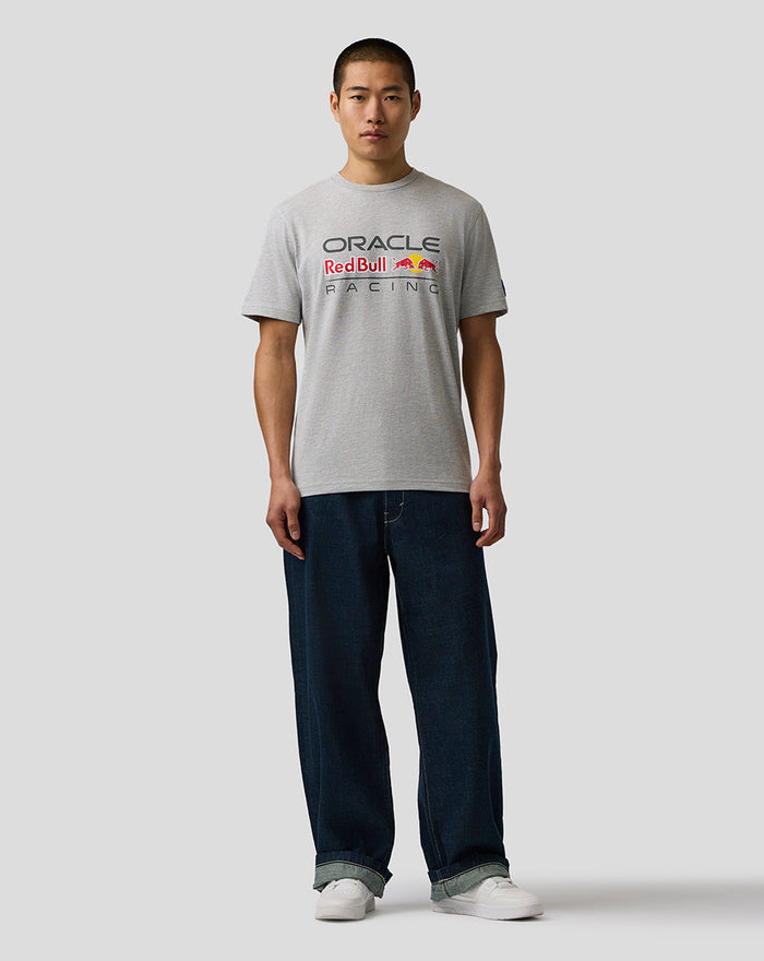 Front view of a person wearing a grey marl Oracle Red Bull Racing T-shirt with a large logo on the chest.