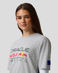 Male model in grey marl Oracle Red Bull Racing T shirt shown from a side angle with the large chest logo.