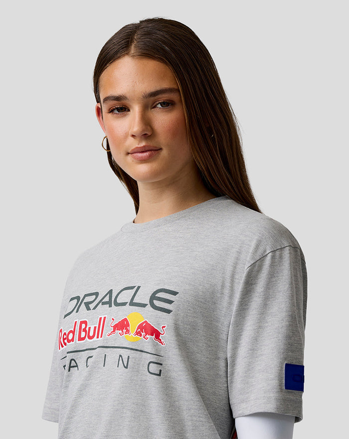 Male model in grey marl Oracle Red Bull Racing T shirt shown from a side angle with the large chest logo.