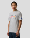 Female model wearing grey marl Oracle Red Bull Racing T shirt with a large chest logo and blue sleeve badge.