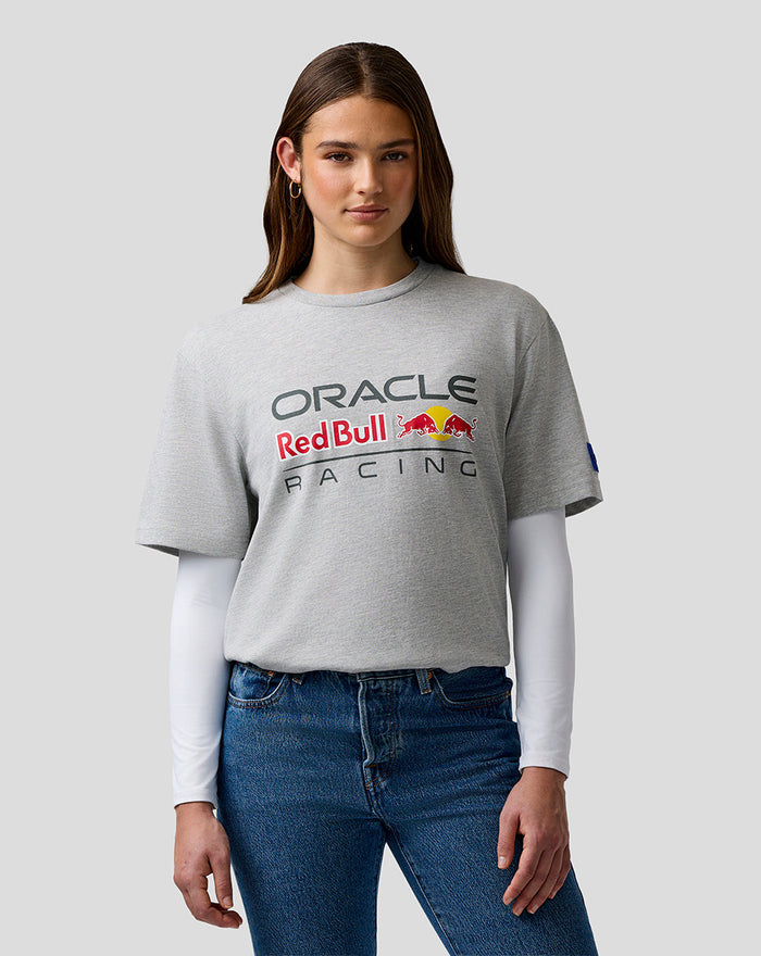 Model wearing grey marl Oracle Red Bull Racing unisex logo t shirt with chest graphic and left sleeve badge.