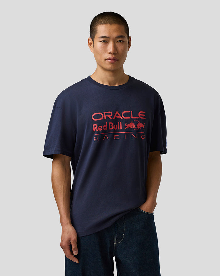 Model in Night Sky T-shirt with large Oracle Red Bull Racing logo on the chest and left sleeve badge