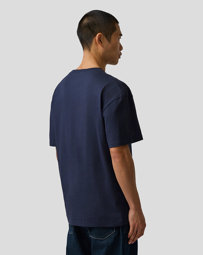 Male model in navy Oracle Red Bull Racing T shirt shown from the side