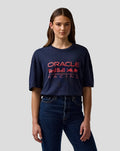 Woman wearing navy Oracle Red Bull Racing relaxed fit logo T-shirt with bold chest print and left sleeve badge.