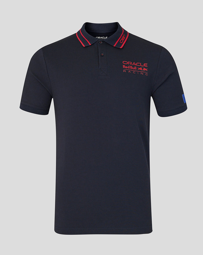 Front view of navy Oracle Red Bull Racing unisex polo with red striped collar and left chest logo