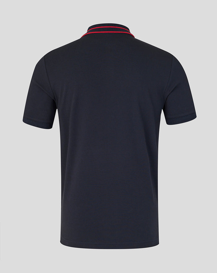 Back view of navy Oracle Red Bull Racing polo with red striped collar