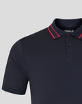 Navy Oracle Red Bull Racing polo with red striped collar two button placket and sleeve badge