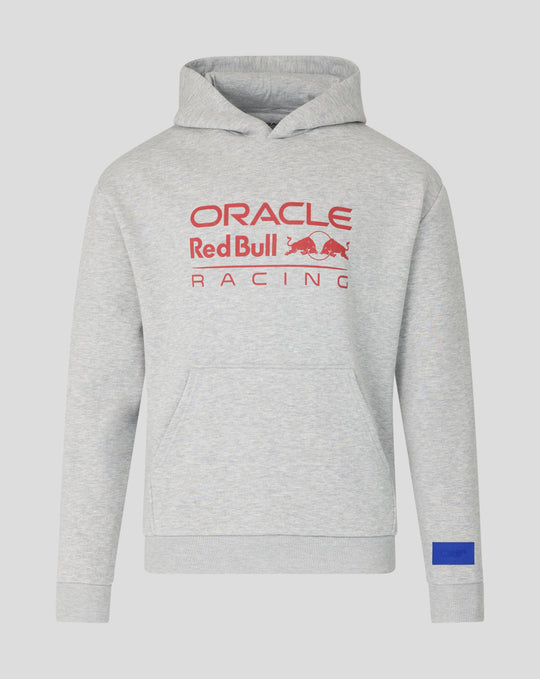 Grey marl Oracle Red Bull Racing hoodie with large chest logo blue sleeve patch and front kangaroo pocket