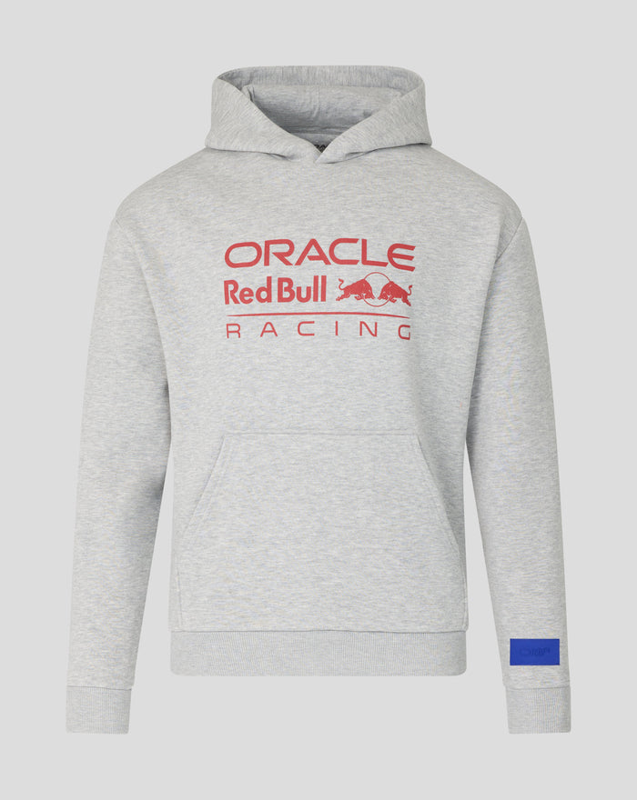 Grey marl Oracle Red Bull Racing hoodie with large chest logo blue sleeve patch and front kangaroo pocket