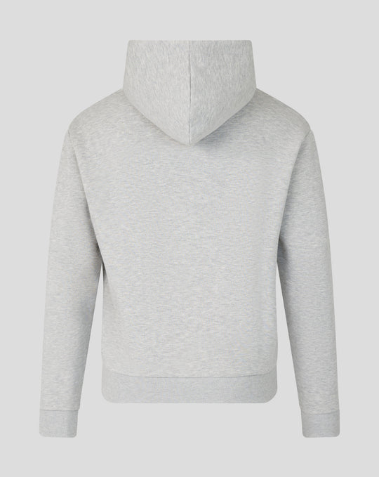 Back view of grey marl Oracle Red Bull Racing hoodie with hood up and relaxed fit