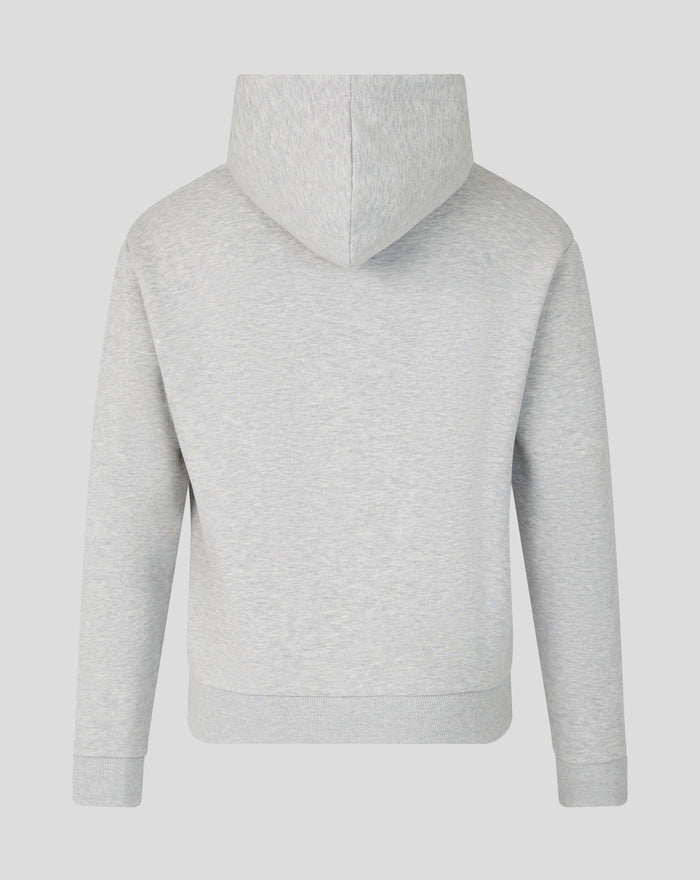 Back view of grey marl Oracle Red Bull Racing hoodie with hood up and relaxed fit