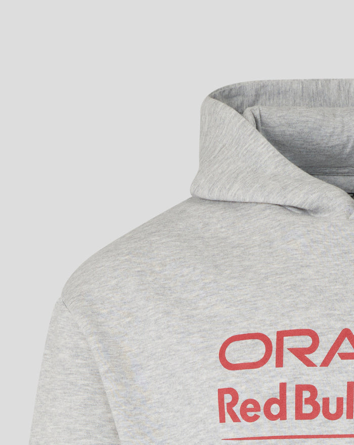 Front view of grey marl Oracle Red Bull Racing hoodie showing large logo on chest and kangaroo pocket
