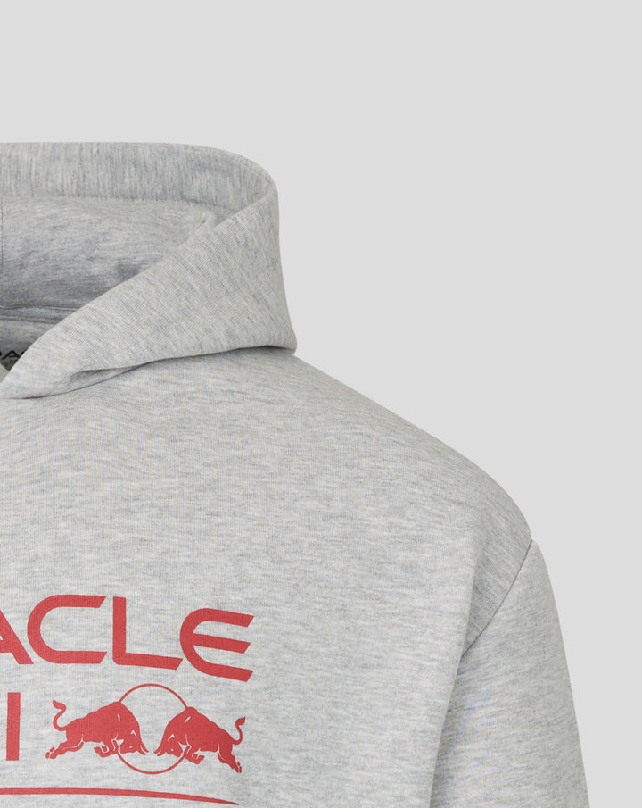 Front view of grey marl hoodie with bold red Red Bull graphic and text across chest
