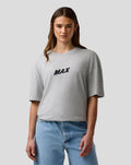 Female model wearing grey marl Max Verstappen Pixel Back Graphic T-Shirt with a centered MAX logo on the chest