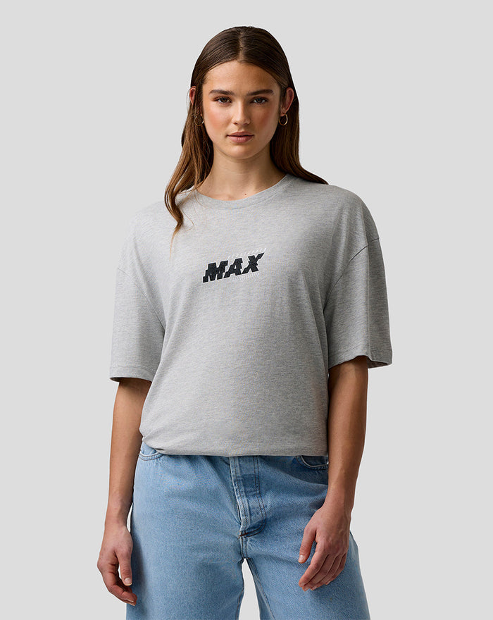 Female model wearing grey marl Max Verstappen Pixel Back Graphic T-Shirt with a centered MAX logo on the chest